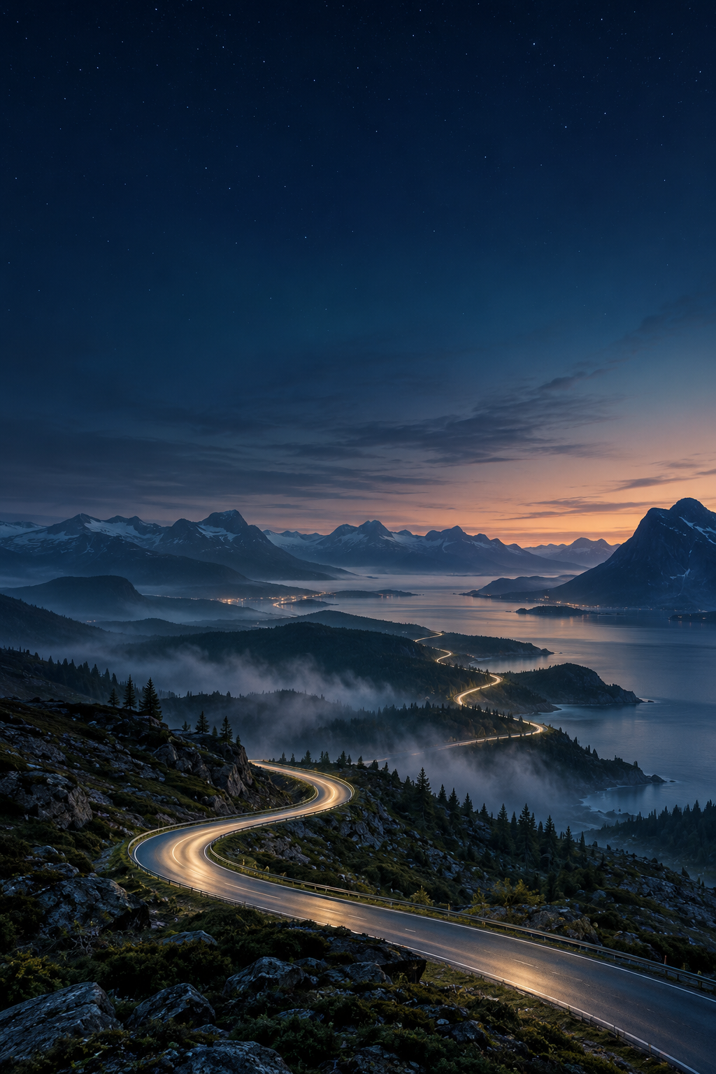 En svingete vei gjennom fjell og fjord i skumringen